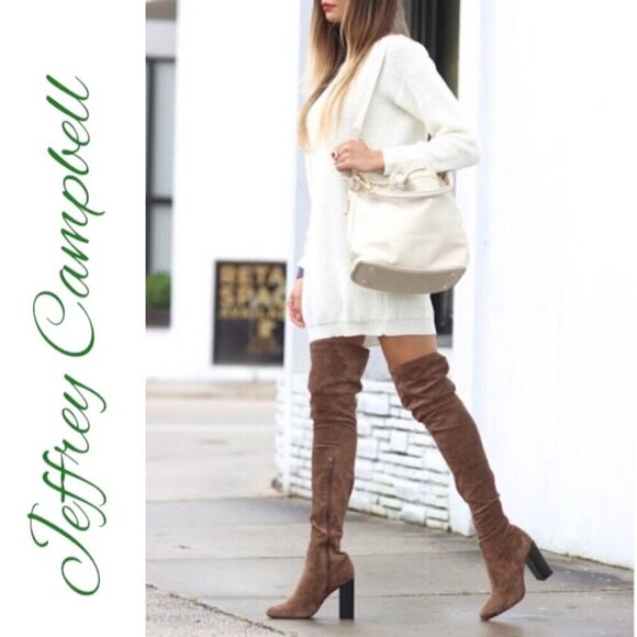 NWT JEFFREY CAMPBELL Perouze Over-The-Knee Faux Suede Block Heel Boots Taupe 8.5 - Picture 1 of 16